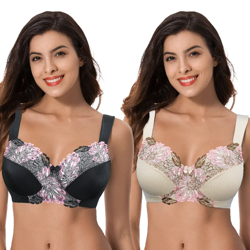 Women's Plus Size Minimizer Wireless Unlined Bra with Embroidery Lace Sleek Push-Up Bra