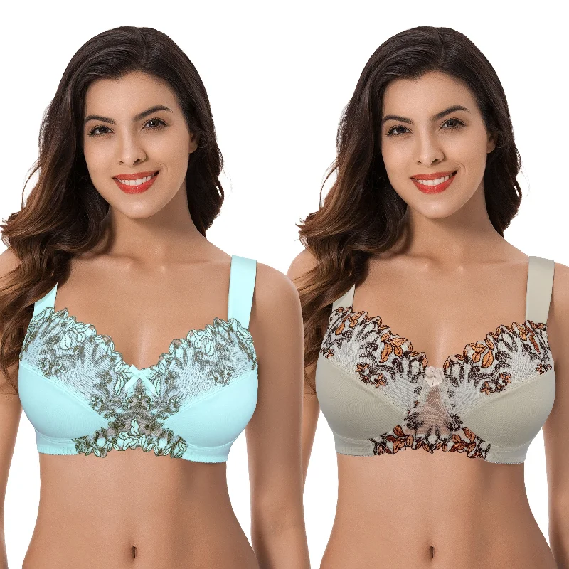 Women's Plus Size Minimizer Wireless Unlined Bra with Embroidery Lace Chic Lace Bra