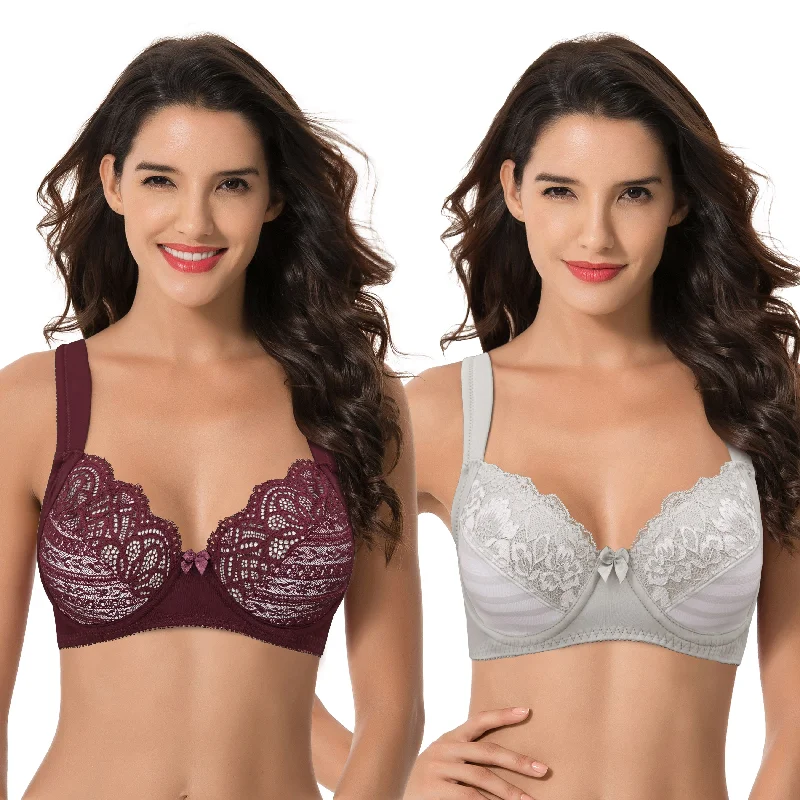 Women's Plus Size Unlined Underwire Lace Bra with Cushion Straps Push-Up Bralette Set