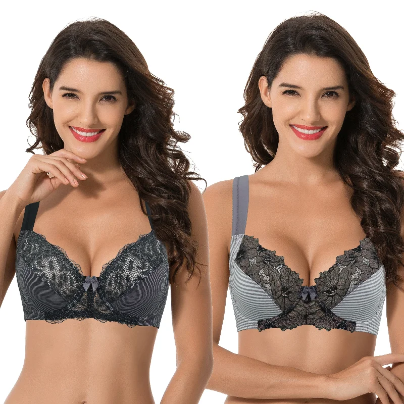 Women's Plus Size Unlined Underwire Lace Bra with Cushion Straps Comfortable Lace Bra