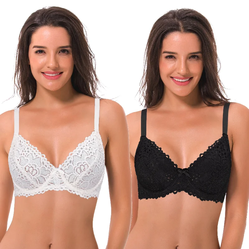 Semi-Sheer Balconette Underwire Lace Bra and Scalloped Hems Comfortable Lounge Bra