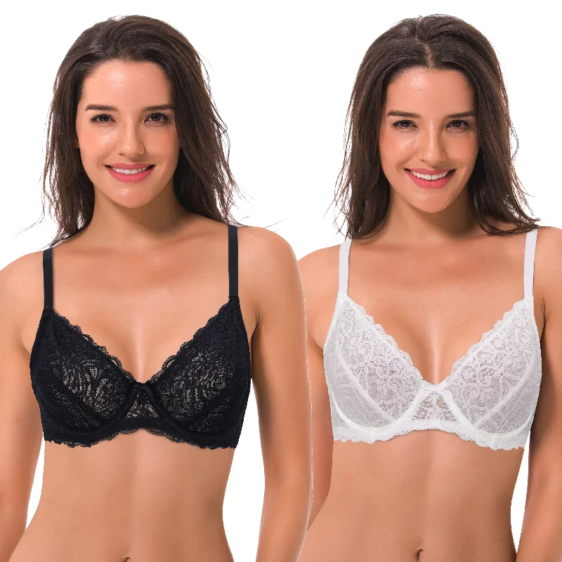 Semi-Sheer Balconette Underwire Lace Bra and Scalloped Hems Contour Bra Style