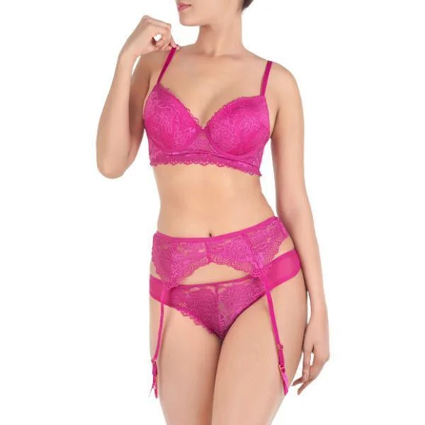 Bra With Garter Belt & Thong-festival Fuchsia For Women Stretchy Wireless Bra