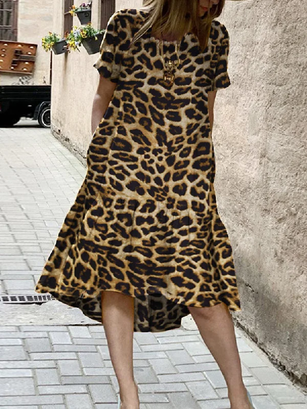 Casual Leopard Print Round Neck Loose Irregular Hem Pocket Women Midi Dress Trendy Long Sleeve Midi Dress