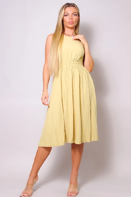 Pale Yellow Sleeveless Cutout Linen Midi Dress Cozy Ribbed Knit Midi Dress