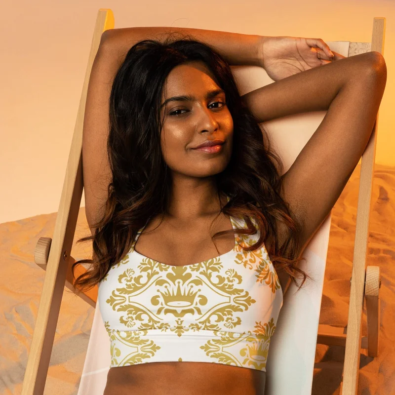 Chic Gold & White Longline Sports Bra Elegant Lace Lingerie