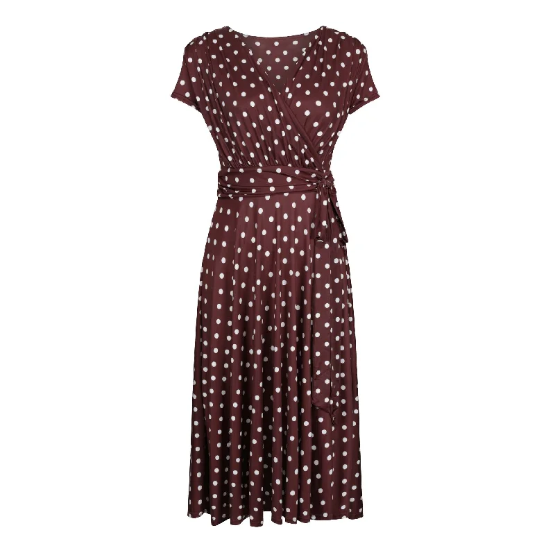 Chocolate Brown And White Polka Dot Cap Sleeve Fit And Flare Midi Dress Trendy Ruffled Sleeve Midi Dress