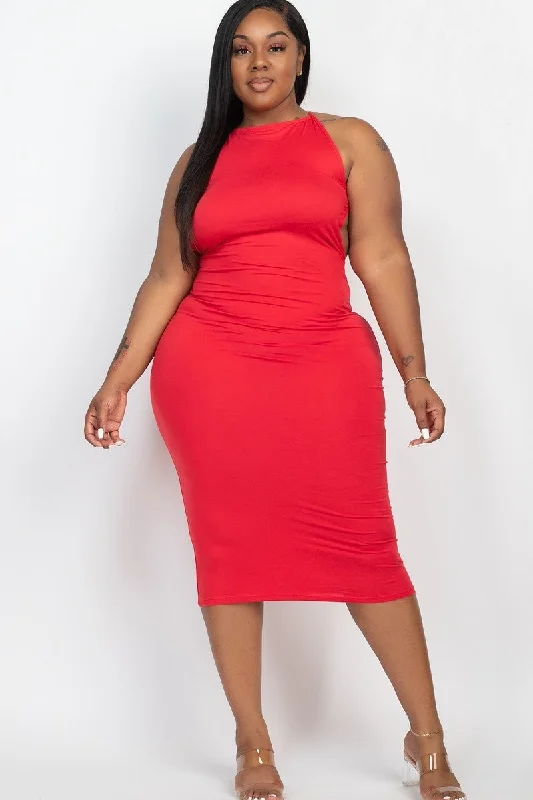 Plus Size Red Open Back Midi Dress Stylish Striped Midi Dress