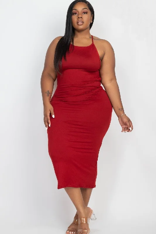 Plus Size Wine Open Back Midi Dress Comfortable Empire Waist Midi Dress