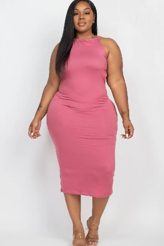 Plus Size Pale Magenta Open Back Midi Dress Comfortable Denim Midi Dress