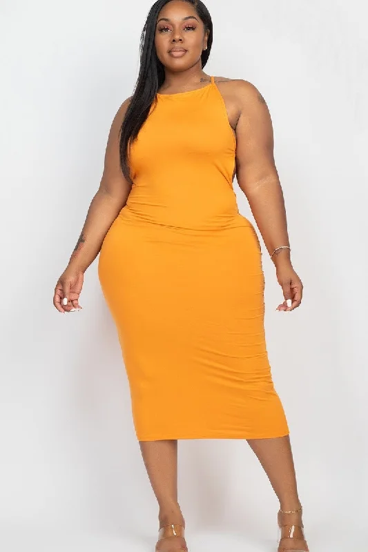 Plus Size Dark Mustard Open Back Midi Dress Elegant Satin Slip Midi Dress