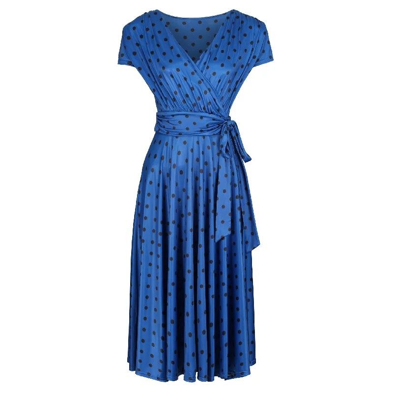 Classic Royal Blue Polka Dot Cap Sleeve Fit And Flare Midi Dress Elegant Floral Appliqué Midi Dress