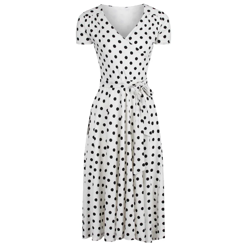 White & Black Polka Dot Cap Sleeve Fit And Flare Midi Dress Comfortable Geometric Print Midi Dress