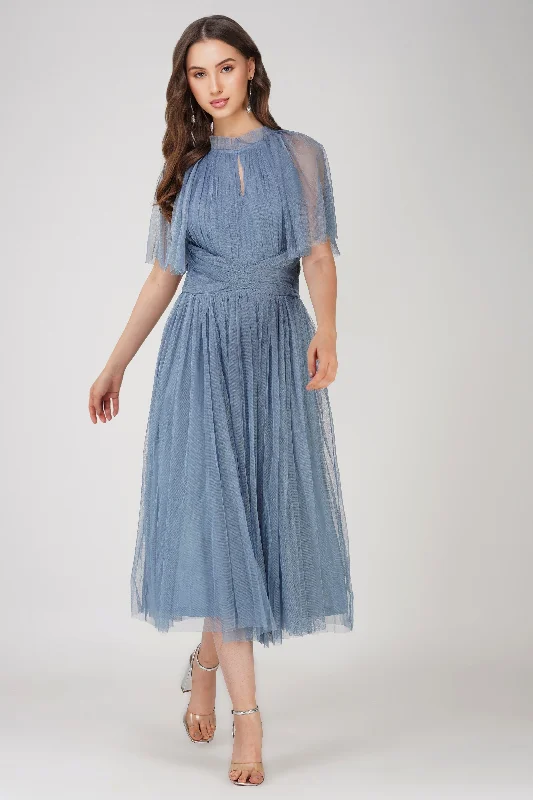 Cristiane Dusty Blue Tulle Midi Dress Fashionable Sheer Sleeve Midi Dress