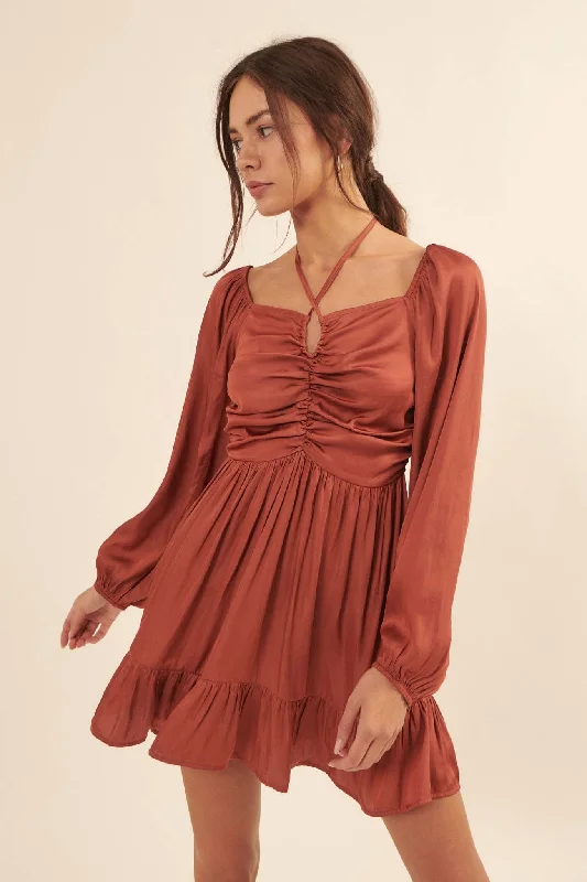 Dancing Queen Matte Satin Peasant Mini Dress Classic Casual Mini Dress