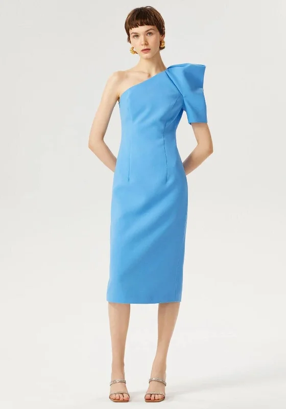 Exquise Puff One Shoulder Midi Dress, Blue Cozy Wide Strap Midi Dress