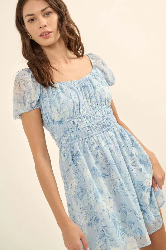 Fantasy Garden Floral Chiffon Peasant Mini Dress Fashionable Polka Dot Mini Dress