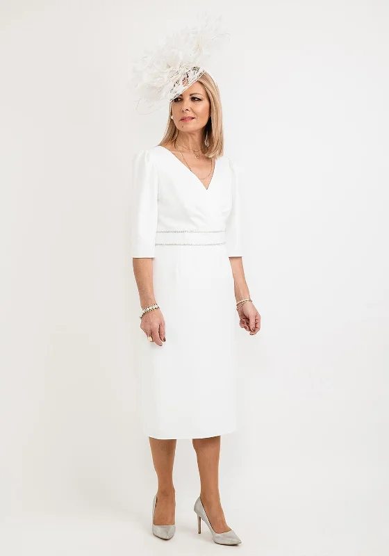 Gabriela Sanchez Diamante Trim Adjustable Bow Midi Dress, White Trendy Midi Dress with Belt