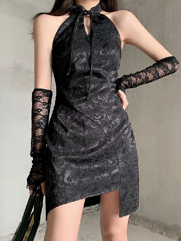 Goth Halter Mini Dress Elegant Velvet Mini Dress