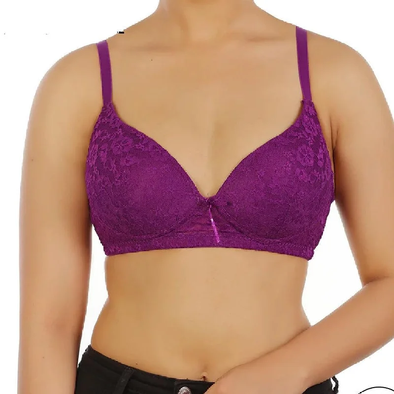 Grape Juice Color Light Padded Bra with Lace Wire Free Padded Push-Up Bra with Adjustable Straps Sexy Underwire Bra