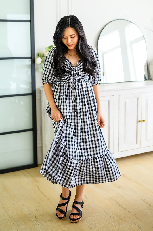 Greenville Gingham Midi Dress Stylish Off-Shoulder Ruffle Dress