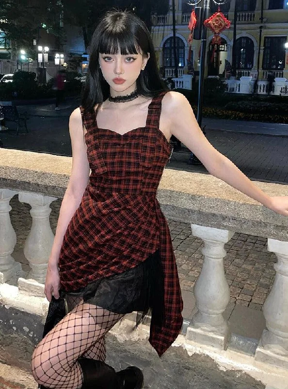 Grunge Plaid Mini Dress Fashionable Lace-Trim Mini Dress