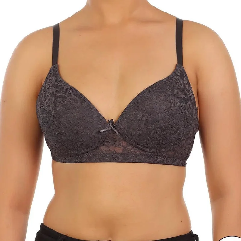 Iron Color Light Padded Bra with Lace Wire Free Padded Push-Up Bra with Adjustable Straps Comfortable Lace Bra