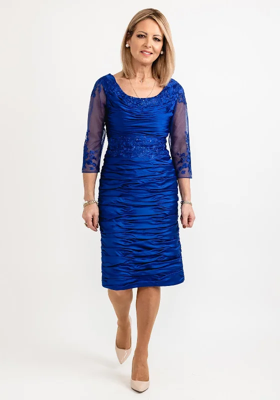 Ispirato Ruched Lace Applique Midi Dress, Ink Blue Comfortable Button Front Midi Dress