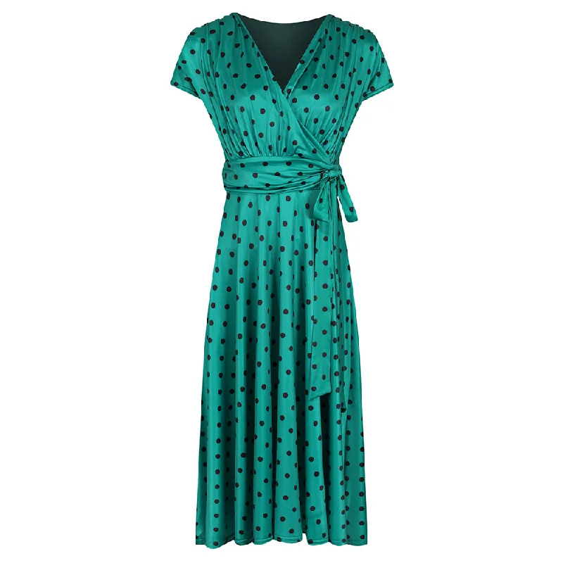 Jade Green Black Polka Dot Cap Sleeve Fit And Flare Midi Dress Stylish Silk Midi Dress