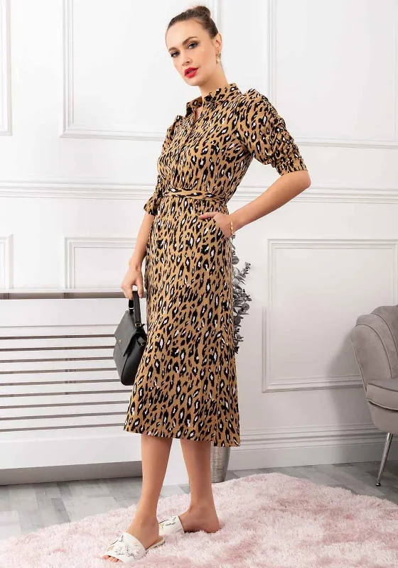 Jolie Moi Calla Midi Dress, Camel Leopard Print Comfortable Empire Waist Midi Dress