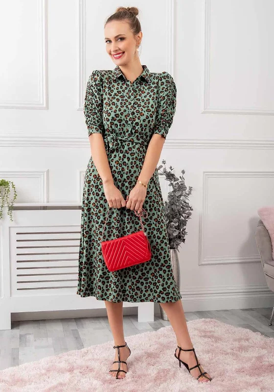 Jolie Moi Calla Midi Dress, Green Leopard Print Elegant Maxi-Midi Hybrid Dress