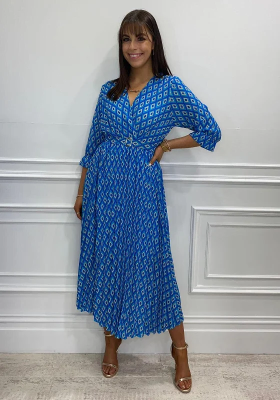 Kate & Pippa Diamond Print Pleated Midi Dress, Blue Multi Stylish Animal Print Midi Dress