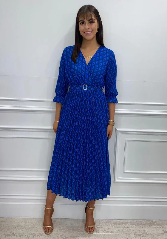 Kate & Pippa Diamond Print Pleated Midi Dress, Navy & Blue Trendy Square Neck Midi Dress