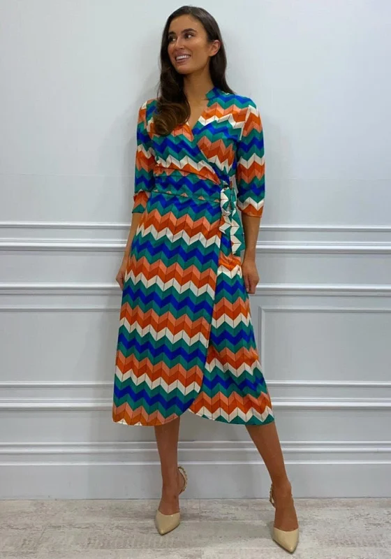 Kate & Pippa Sienna Pattern Wrap Midi Dress, Blue Multi Comfortable Knitwear Midi Dress