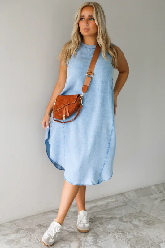 Keeping Tabs Midi Dress: Light Denim Trendy Mock Neck Midi Dress