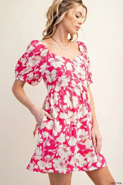 Explore More Collection - Kori America Floral Short Sleeve Mini Dress Chic Puff Sleeve Mini Dress