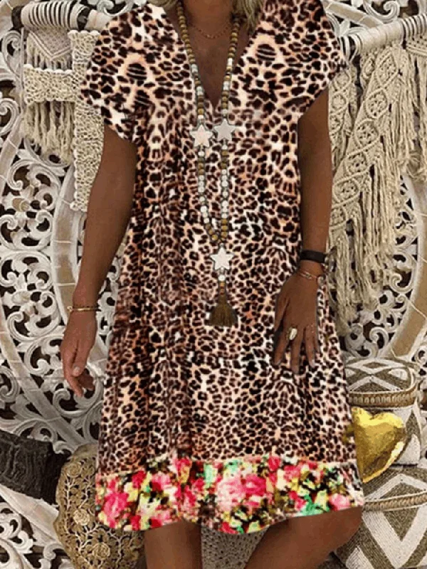 Leopard Floral Print V-neck Casual Short Sleeve Women Midi Dress Trendy A-Line Midi Dress