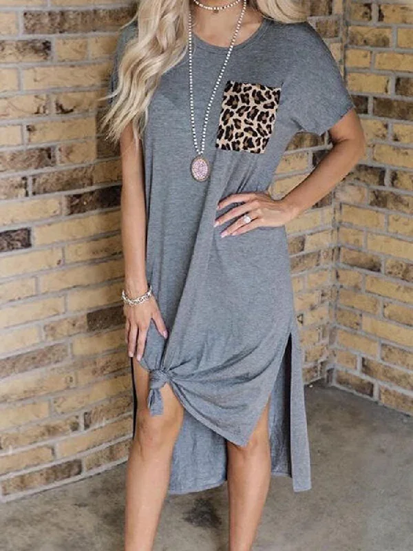 Leopard Patchwork Round Neck Short Sleeved Slit Women Midi Dress Stylish Midi Dress with Cuffs