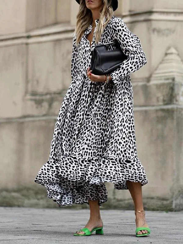 Leopard Printed Long Sleeve Casual Women Midi Dress Fashionable Wide Leg Midi Dress