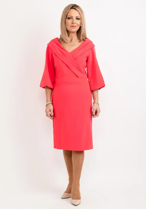 Lizabella Bishop Sleeve Midi Dress, Coral Fashionable Pleated Midi Dress