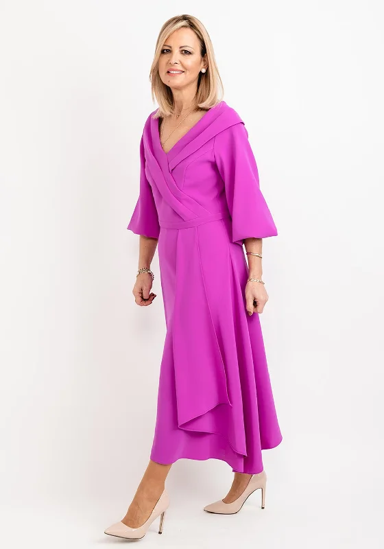 Lizabella Bishop Sleeve Wrap Midi Dress, Fuchsia Trendy Long Sleeve Midi Dress