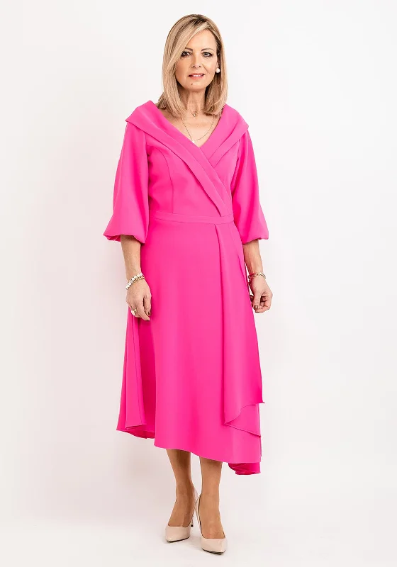 Lizabella Bishop Sleeve Wrap Midi Dress, Hot Pink Comfortable Adjustable Strap Midi Dress