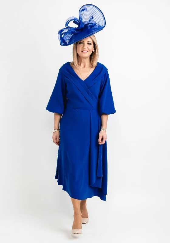 Lizabella Bishop Sleeve Wrap Midi Dress, Royal Blue Trendy A-Line Midi Dress