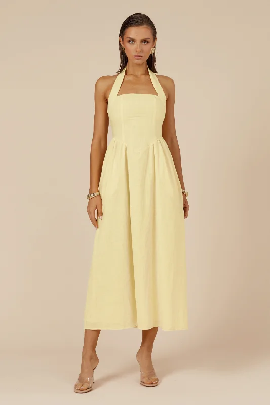 LOCKLEA MIDI DRESS - LEMON Elegant Faux Wrap Midi Dress