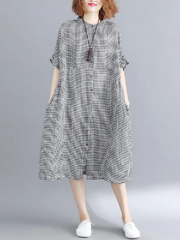 Loose Casual Short Sleeve Button Plaid Shirt Women Midi Dress Elegant Pleated Sleeve Midi Dress