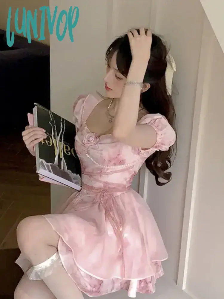 Lunivop Kawaii Elegant Fairy Mini Dress Summer Vintage Puff Sleeve Bandage Floral Women Evening Party Vestidos Korean Sweet Dress Trendy Floral Mini Dress