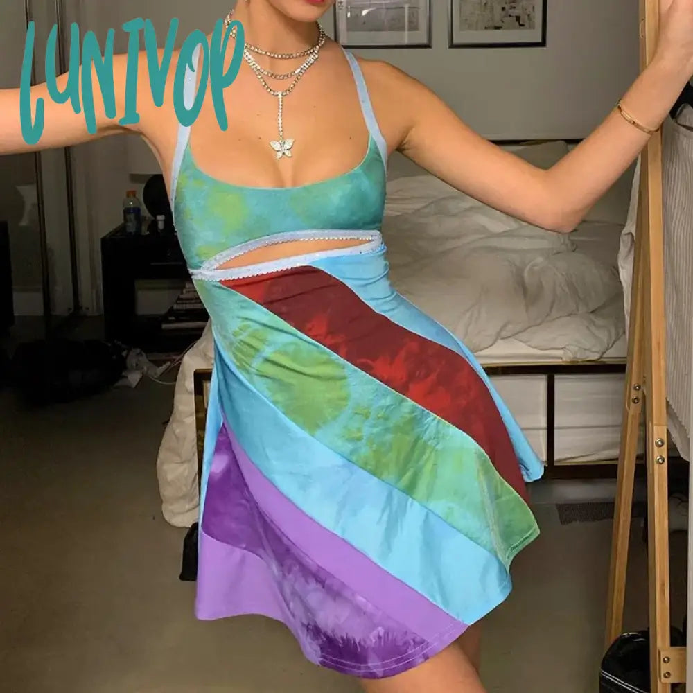 Lunivop Sexy Women Y2K Mini Dresses Vintage Patchwork Beach Summer Backless Dress Elegant Lady Boho Outfits Evening Party Clothes Fashionable Polka Dot Mini Dress