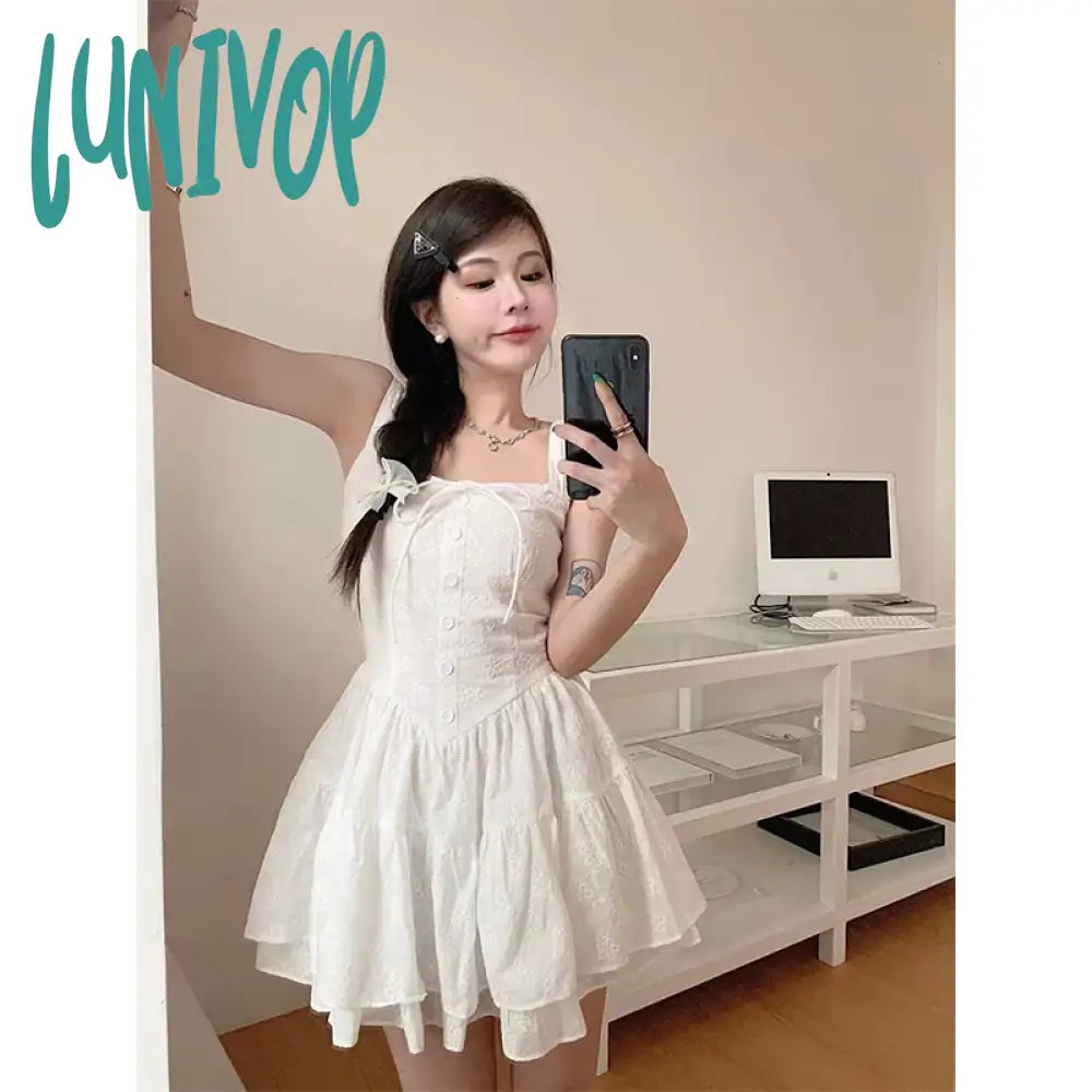 Lunivop Sweet White Mini Dress Women Fairy Party Prom Strap Ruffles One Pieces Dresses Korean Vacation Bodycon Ball Gown Vestidos Modern Satin Mini Dress