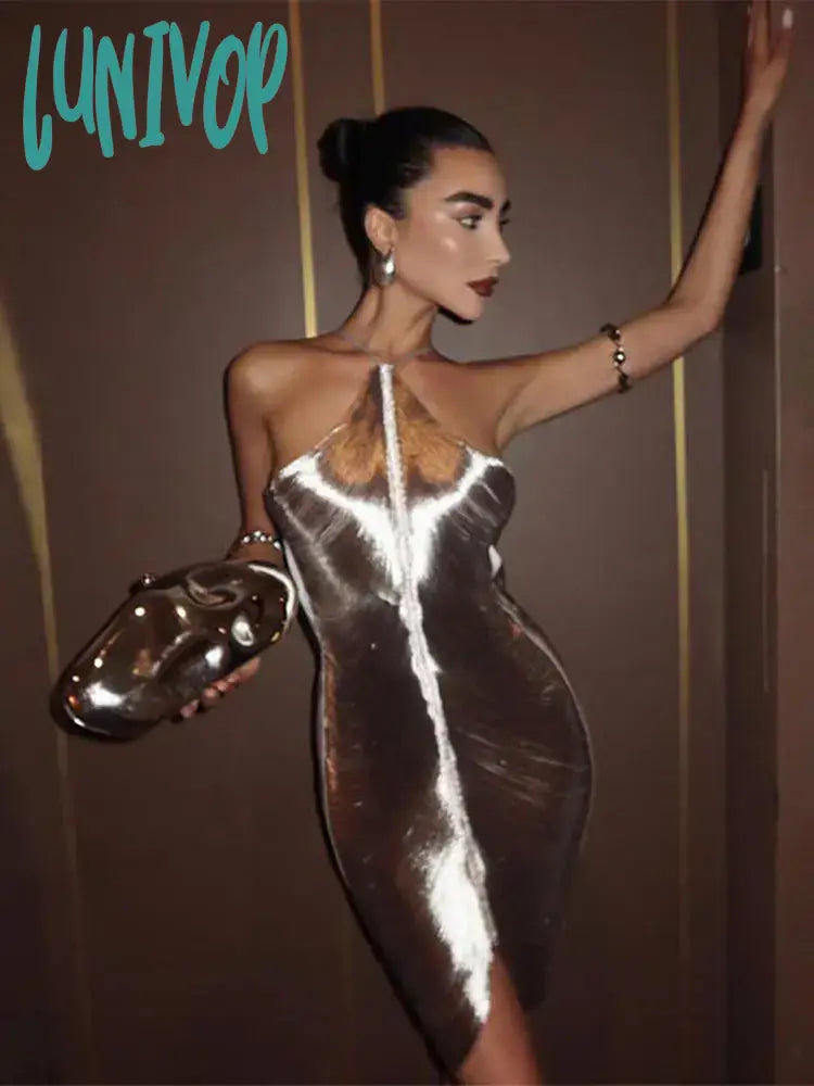 Lunivop Women Sexy Metallic Shiny Halter Mini Dress Fashion Slim Sleeveless Backless Tassels Dresses 2024 Lady Chic Party Evening Robes Fashionable Off-Shoulder Mini Dress