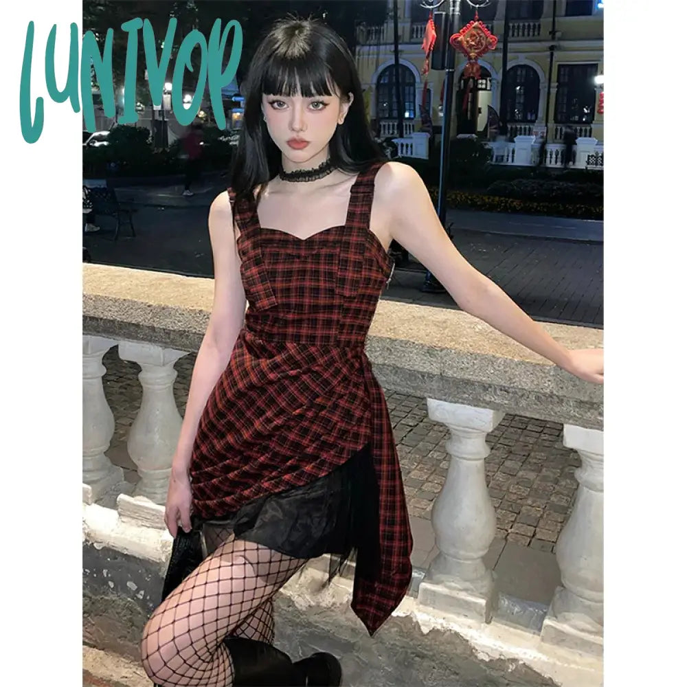 Lunivop Y2K Irregular Plaid Mini Dress Women Vintage Mesh Patchwork One Pieces Dresses Korean Party Prom Spaghetti Strap Vestidos Trendy Bodycon Mini Dress